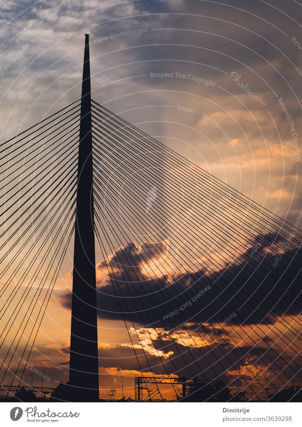 Großer Hängebrückenturm bei Sonnenuntergang - Sonnenstrahlen durch die Wolken im Hintergrund Brücke modern Suspension Architektur Himmel Wasser Stahl Großstadt