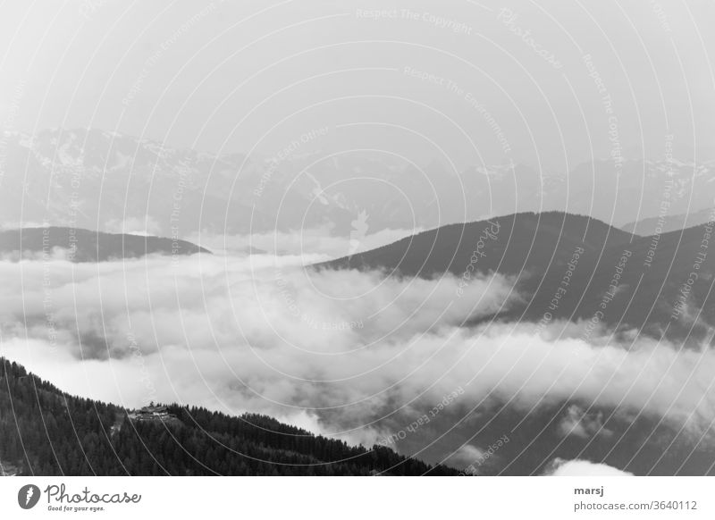 Schwarz-Weiße Nebelstimmung in den Bergen aufsteigender Nebel Tagesbeginn Berge u. Gebirge ruhig Traum verträumt Traumwelt Sonnenaufgang Meditation Ruhe Stille