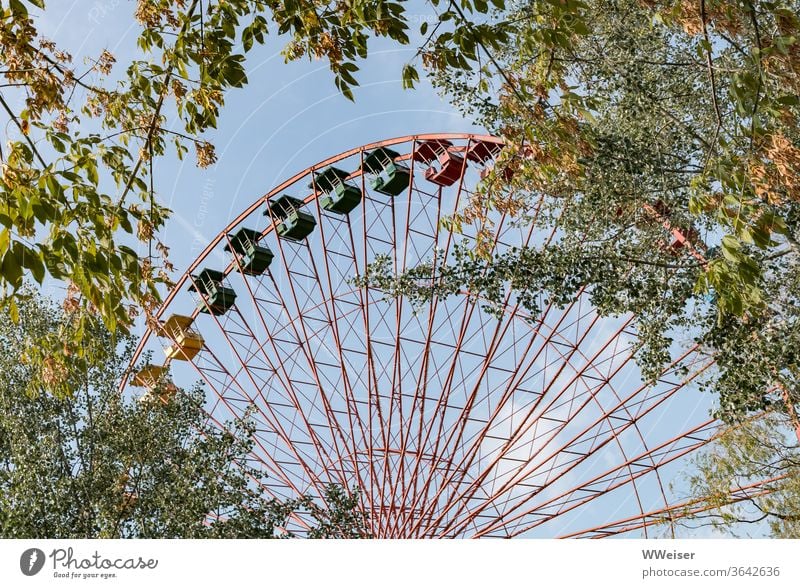 Riesenrad im stillgelegten Vergnügungspark Plänterwald Wuhlheide Berlin Frühling Bäume leer Freizeit & Hobby Freude Himmel drehen Menschenleer Fahrgeschäfte