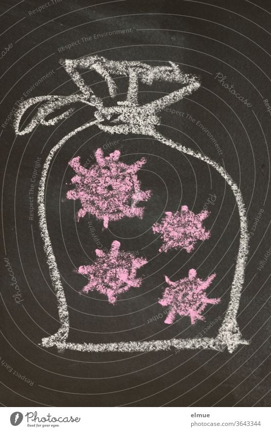 stilisierter Sack mit Viren auf einer schwarzen Tafel mit weißer und roter Kreide gezeichnet Corona Schutz Ansteckungsgefahr Quarantäne Zeichnung infektiös