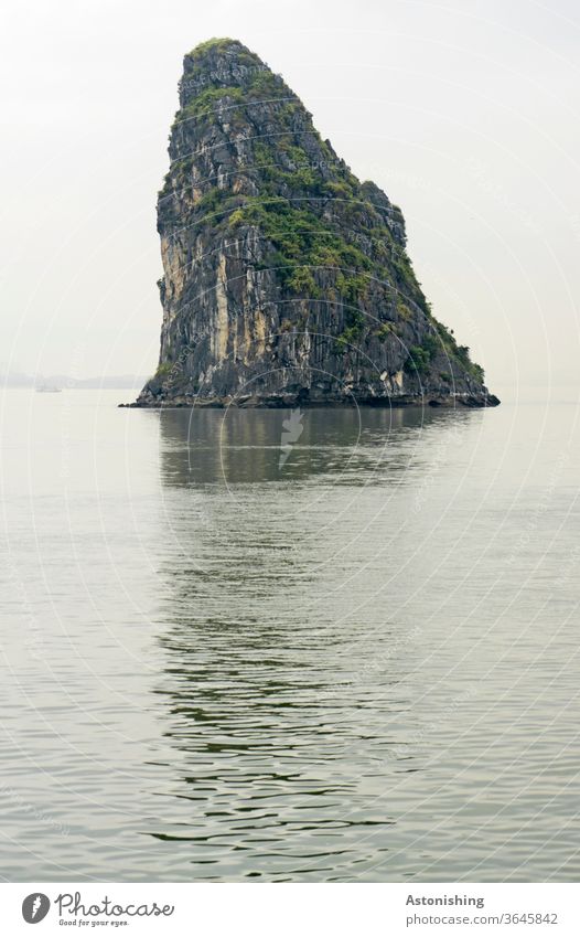 steiler Felsen in Halong-Bay, vietnam hoch mächtig groß Macht Himmel spitz Ozean Urlaub Reise Schatten exotisch Nebel Licht Wetter grau Pflanzen Aussicht hart