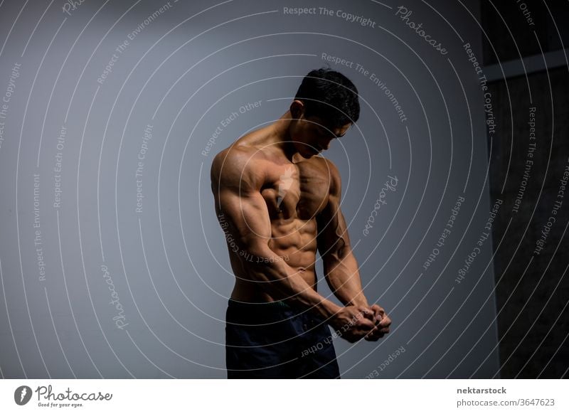 Asiatisches Fitness-Modell Bewegungsmuskeln Nam Vo männlich asiatisch muskulös Muskeln Stärke Sport sportlich Studioaufnahme menschlicher Körper Physis Torso