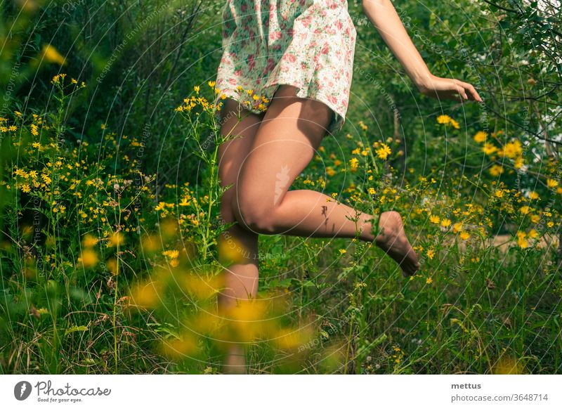 Glückliches Mädchen tanzt im Sommer im Gras und in gelben Wildblumen Beine Tanzen Teil von Körper Kleid springen aktiv Frau jung Schönheit schön Menschen Aktion