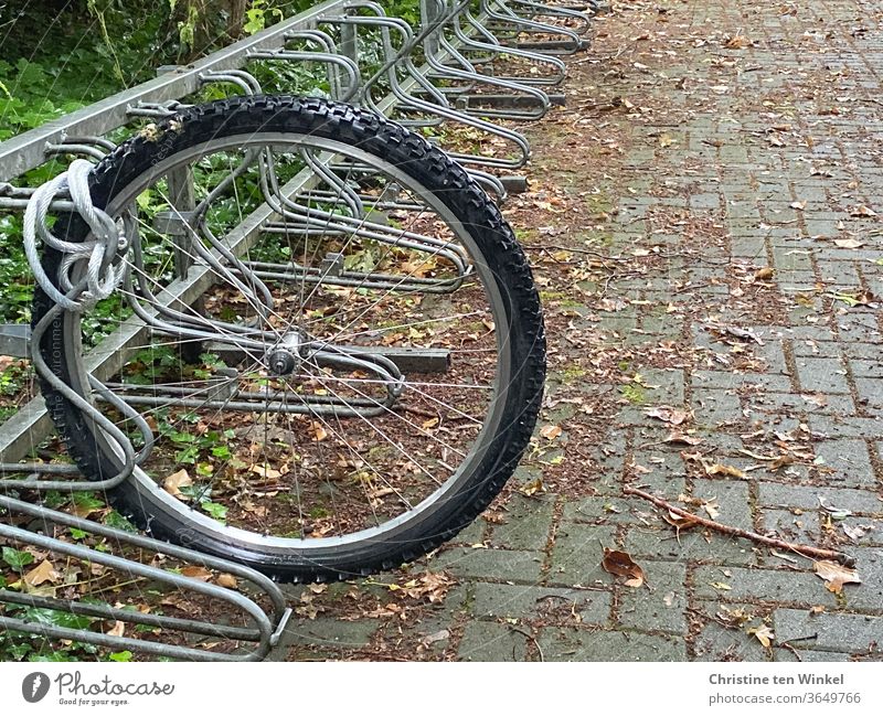 Nur das Vorderrad des Fahrrades steht noch ordentlich angekettet im Fahrradständer. Fahrraddiebstahl festgebunden geklaut gestohlen abmontiert Diebstahl
