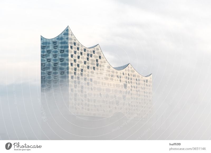 die Elbphilharmonie taucht langsam aus dem morgendlichen Nebel auf Nebelschleier Wahrzeichen Hamburg Architektur Gebäude außergewöhnlich Fassade Kultur Himmel