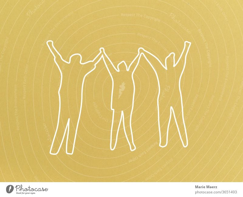 Jubel, Freude, Freundschaft: Linienzeichnung mit 3 Menschen, die gemeinsam die Hände in die Luft werfen Freiheit positiv Jubelnd Erfolg freuen Glück Freunde