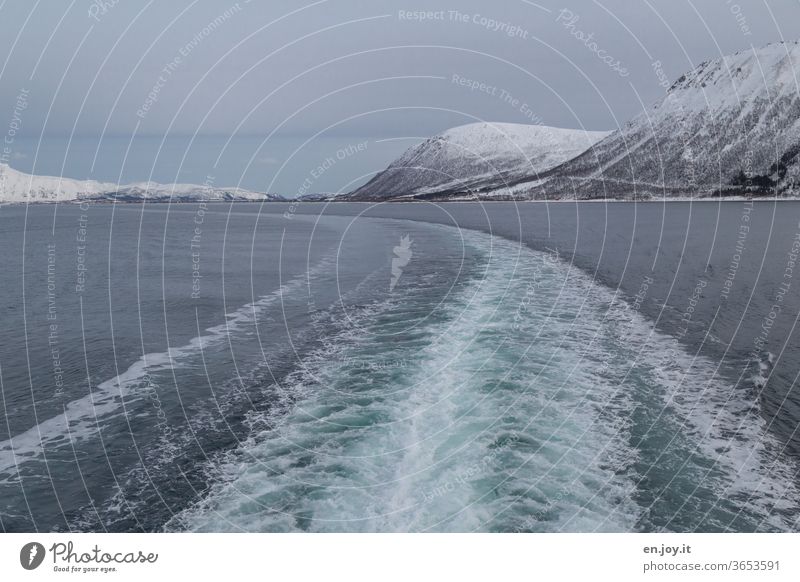Schifffahrt zu den Lofoten in Norwegen mit Blick auf das Kielwasser Spur Schiffsspur Wasser Meer Nordmeer Skandinavien Winter kalt Schnee Berge grau blau Urlaub