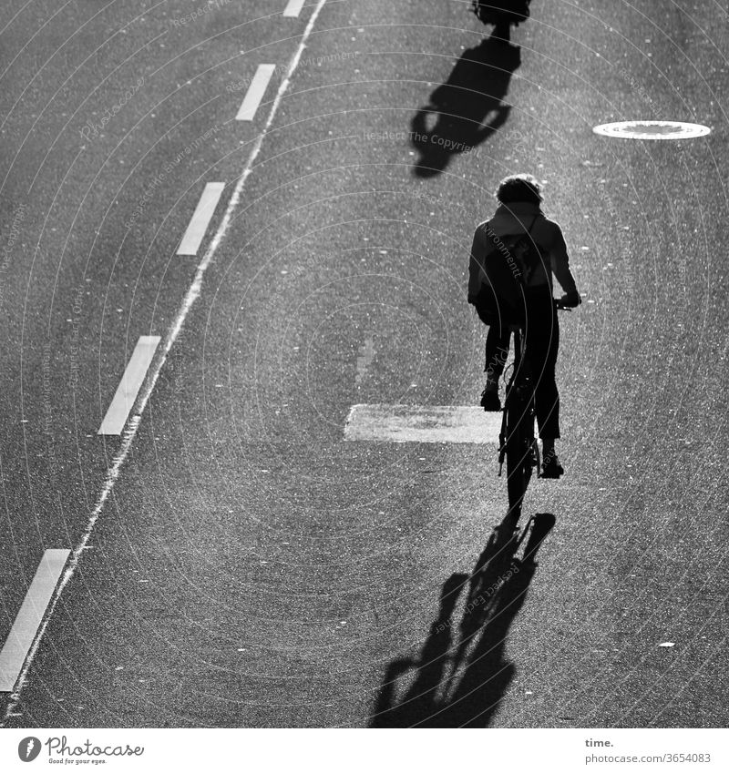 Feierabend fahrrad radfahrerin straße asphalt teer markierung sw schatten silhouette linie radweg gegenlicht rückansicht bewegung unterwegs