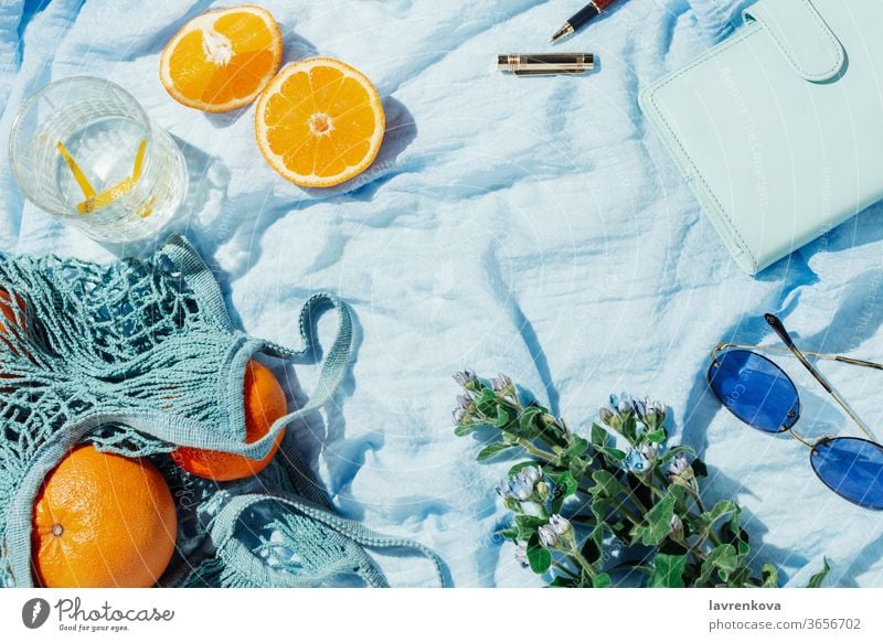 Picknick im Sommer mit Früchten, Blumen und Zitronenwasser auf einer blauen Decke Brille Wasser Zitrusfrüchte saisonbedingt frisch Einkaufsnetz