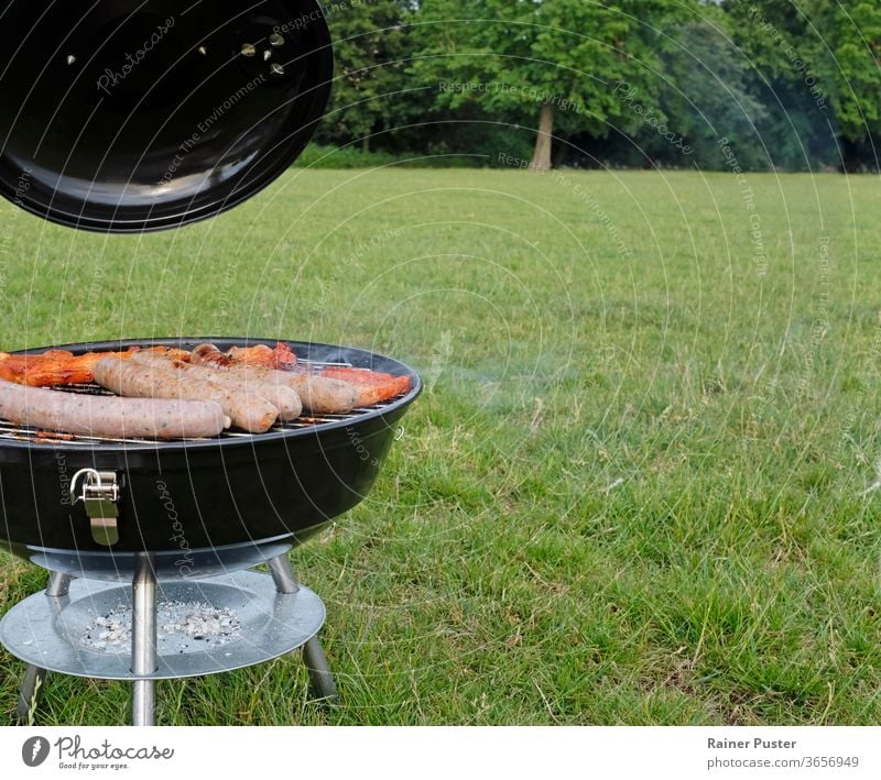 Grillsaison: Barbecue-Grill mit Steaks und Würstchen im Park Hintergrund grillen Rindfleisch Holzkohle Koch Essen zubereiten lecker Feuer Lebensmittel Gras