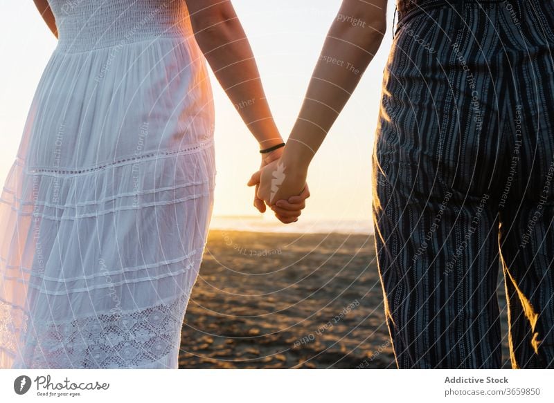 Getreidepaar von Frauen, die am Strand Händchen halten lesbisch Paar Händchenhalten Sonnenuntergang lgbt Zusammensein Einheit Partnerschaft Freundin Liebe