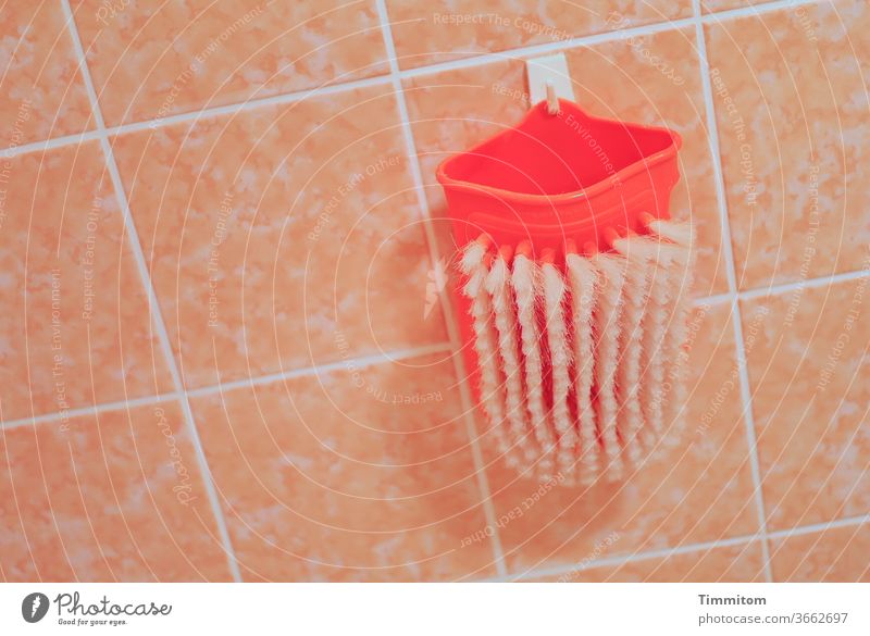 Waschhandschuh mit Borsten im Ruhezustand Bad Badezimmer Badezimmerfliesen Körperpflege Gesundheit Hygiene Sauberkeit Bürste rot weiß rosa Fliesenfugen Haken