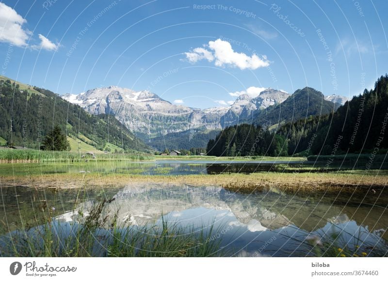 Berge im Ferienparadies Lenk spiegeln sich bei Postkartenwetter im Wasser des Lenkersees. Berge u. Gebirge See Spiegelung Spiegelung im Wasser Alpen