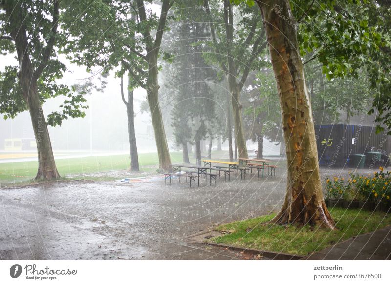 Regen regen wetter schauer sommerregen biergarten leer menschenleer bank tisch möbel gartenmöbel klapptisch klappbank platz baum pfütze verregnet regenschauer