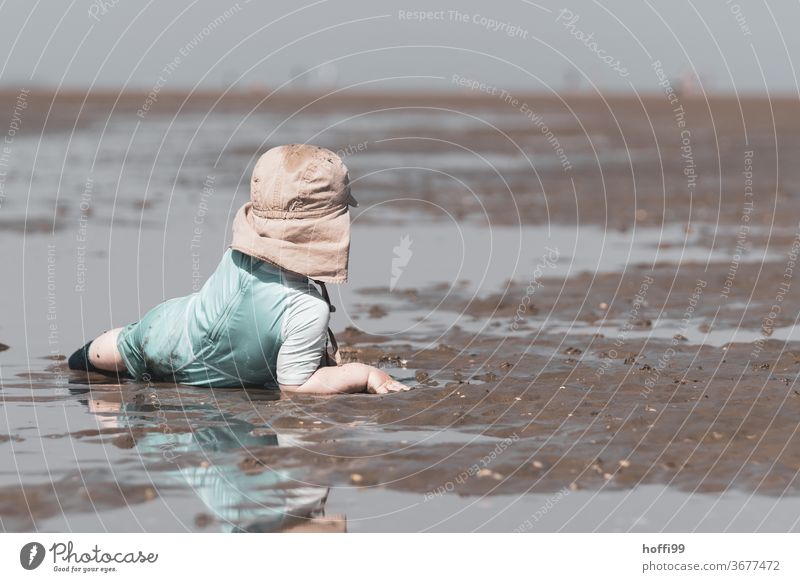 der kleine Junge liegt bequem im Watt und schaut sich um Kleinkind Kind Spielen Strand Wattenmeer Ebbe Nordsee Meer Küste Wasser Horizont Sommer Gezeiten