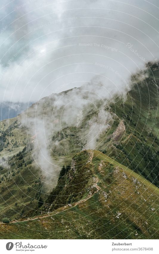 Wandern auf Kammweg vom Rosskopf zur Ochsenscharte, Berge, Wiesen und Wolken Weg Nebel Abhang steil geheimnisvoll Alpen Stubaier Alpen Berge u. Gebirge Natur