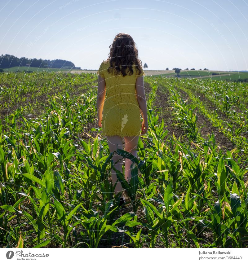 Mädchen in gelbem Kleid in einem Maisfeld Feld Sommer Landwirtschaft Pflanze Natur grün Nutzpflanze Umwelt Außenaufnahme Himmel Farbfoto Landschaft