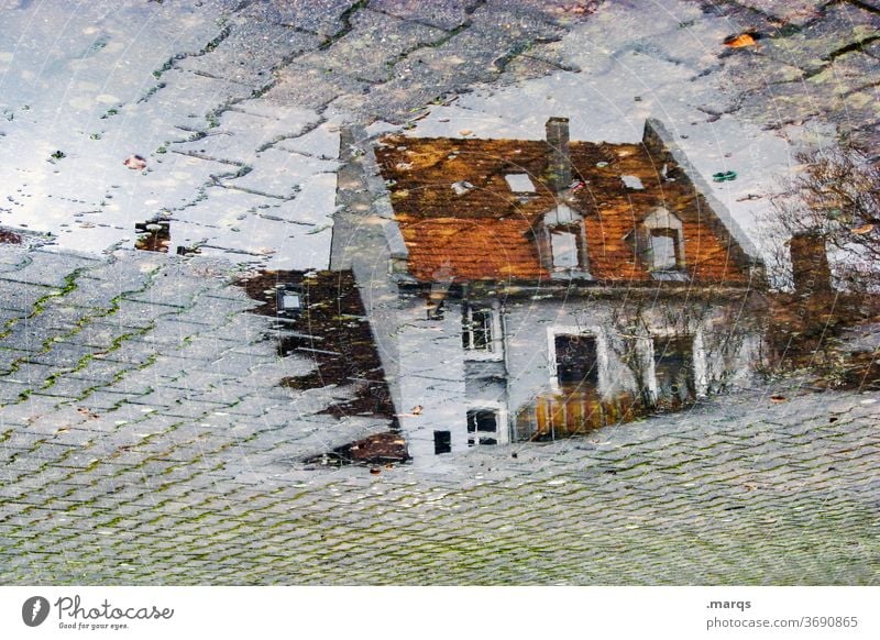 Wohnhaus in Pfütze nass Perspektive Steinplatten Herbst Reflexion & Spiegelung Haus grau wohnen optische täuschung
