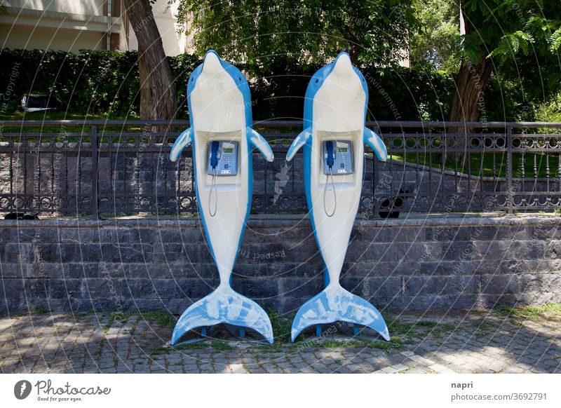 Delfin-Hotline | Zwei Kunstoff-Delfine mit öffentlichem Telefon im Bauch Telefonzelle Delphine Kommunizieren Telefonhörer Verbindung retro analog Kontakt Fisch