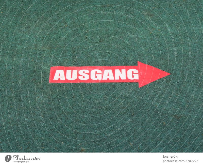 Roter Pfeil mit dem Wort „AUSGANG“ in weißer Schrift auf grünem Teppich Ausgang Schilder & Markierungen Hinweisschild Zeichen Richtung Wegweiser Orientierung