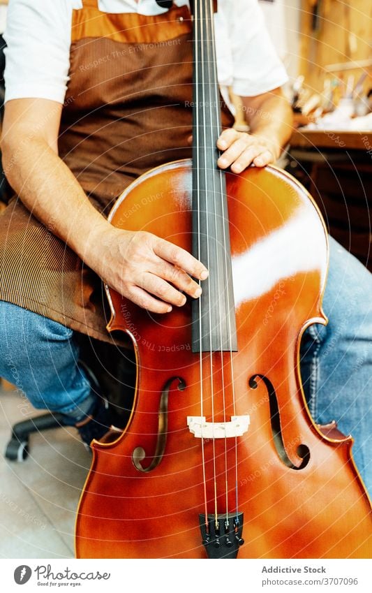 Geschickter Geigenbauer, der mit Streichinstrumenten arbeitet Zupfinstrumentenmacher Arbeit Instrument Reparatur Kunstgewerbler machen prüfen wiederherstellen