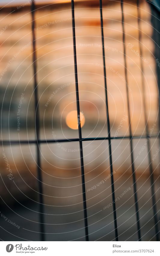 Licht und Wärme hinterm Zaun Bauzaun warm Baustelle abstrakt Absperrung Sicherheit Grenze Gitter Wohnhaus wärme Metall Strukturen & Formen Menschenleer Muster