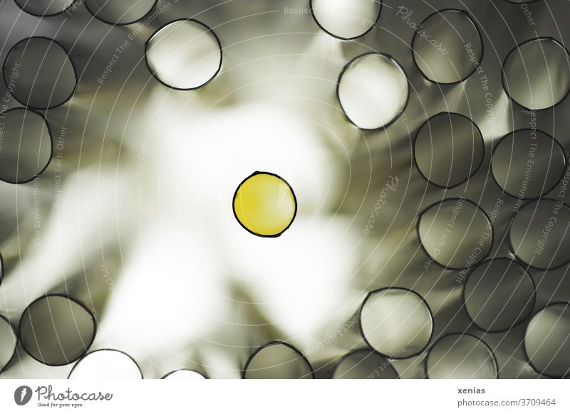 Der Andere - Der schwarz umrandete gelbe Kreis steht alleine vor hellem Hintergrund und ist umringt von vielen mit grauem Licht gefüllten Röhren Ring