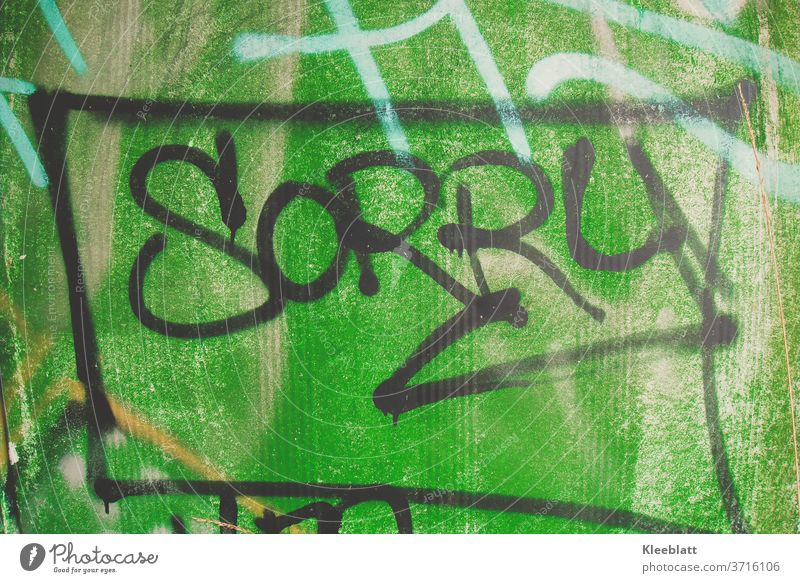 Das Wort "SORRY" als Graffiti schwarz eingerahmt  auf grüner Blechwand gesprüht Sorry Entschuldigung Schriftzeichen Außenaufnahme Gefühle schwarze Schrift