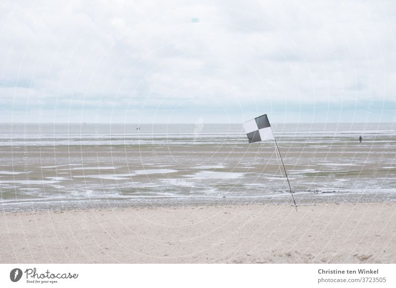 Blick auf die Nordsee und das Watt bei Niedrigwasser an einem trüben windigen Tag. Drei Wattwanderer sind unterwegs. Am Strand steht im Vordergrund eine schwarz-weisse Flagge.