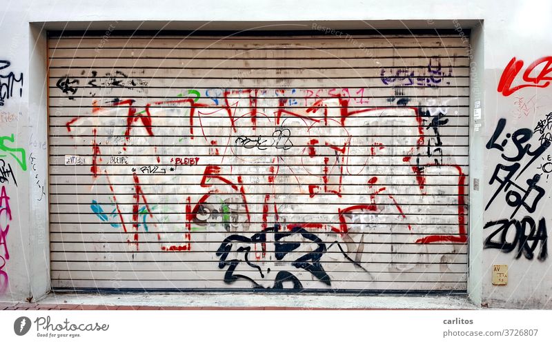 Graffiti auf Rolltor | Ist das Kunst, oder kann das weg ? Tor Garage Einfahrt Ausfahrt Farbe Schmiererei Vandalismus Garagentor geschlossen Menschenleer grau