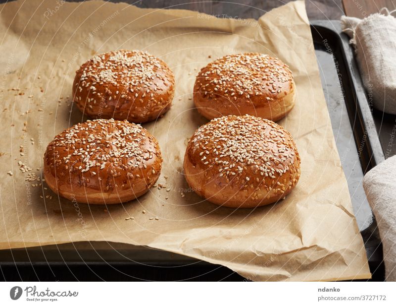 gebackene Sesambrötchen auf braunem Pergamentpapier, Zutat für einen Hamburger Brötchen Burger Cheeseburger klassisch Nahaufnahme Kruste lecker Bäckerei Brot
