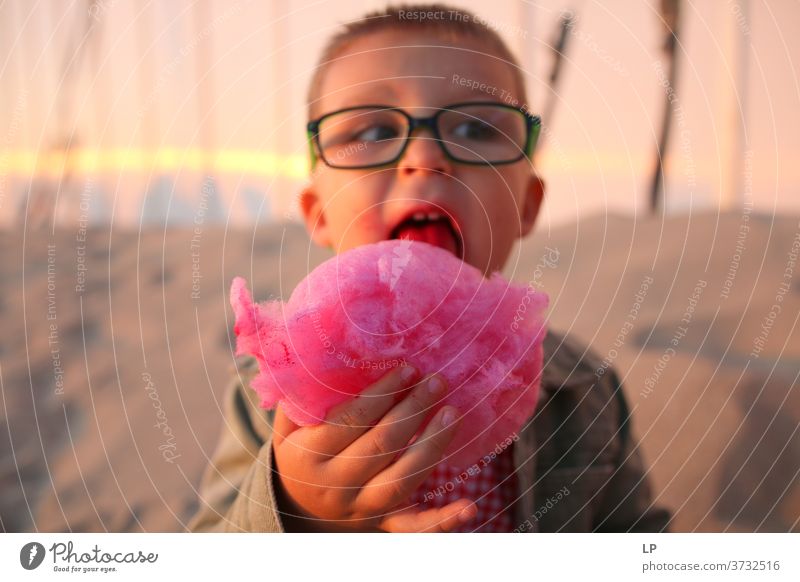 Junge isst rosa Zuckerwatte Blick Vorderansicht Oberkörper Porträt Sonnenlicht Außenaufnahme mehrfarbig unschuldig Unlust Überleben Perspektive Neugier
