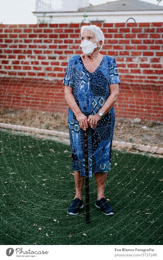Porträt einer alten Dame mit Schutzmaske. neu normal alte Dame Corona-Virus Holunderbusch 80s Großmutter Frau älter heimwärts weiße Haare graue Haare mental