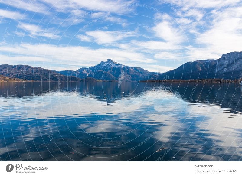 See mit Blick auf die Berge, Mondsee, Salzkammergut, Österreich Berge u. Gebirge Wolken Himmel Schnee Alpen blau Aussicht wandern Wasser ruhig Schafberg