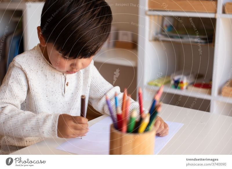 Kinder im Vorschulalter zeichnen mit Farbstiften. Hausunterricht. Lernende Gemeinschaft. Montessori-Schule. Kaukasier Schreibtisch Kinderzimmer Homeschooling