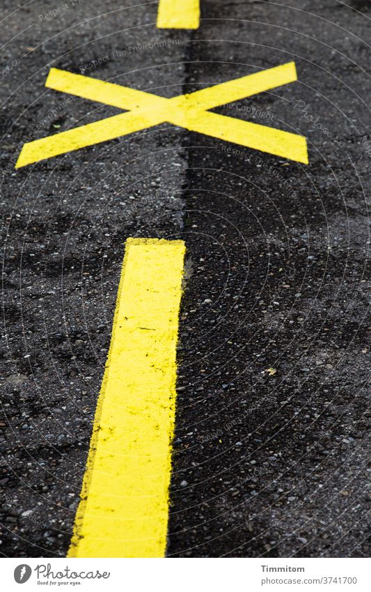 Markierung: vor...stop...vor... Straße Markierungslinie Linie Kreuz Asphalt gelb schwarz Menschenleer Außenaufnahme Schilder & Markierungen Verkehrswege