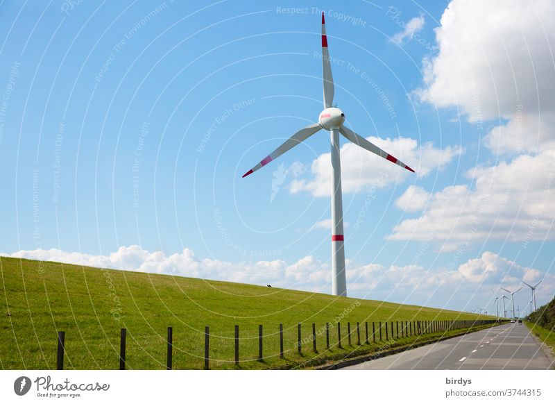 Windrad zur erneuerbaren Stromerzeugung vor einem Deich an der Nordseeküste, lange gerade Straße. Windkraftanlage Windenergie Erneuerbare Energie windräder