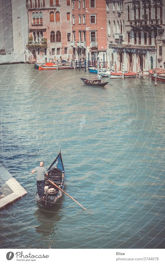 Ein Gondoliere in seiner Gondel auf dem Canal Grande in Venedig Wasser Gondel (Boot) Italien Städtereise Sehenswürdigkeit Kanal traditionell Altstadt