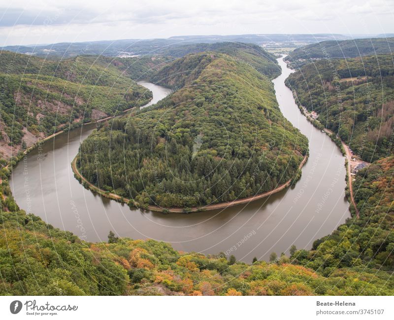 Saarschleife im Spätsommer Saarland Wald Panorama Panoramablick Flusslauf ungewöhnlich Kehrtwende Naturphänomene Naturerlebnis bewaldet bewaldeter Hügel hügelig