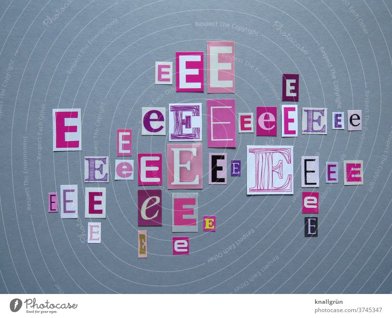 Ee Buchstaben Typographie Schriftzeichen Wort Text Zeichen anonym mehrfarbig Collage ausgeschnitten Zeitschrift Zeitung Printmedien zeitungsbuchstaben