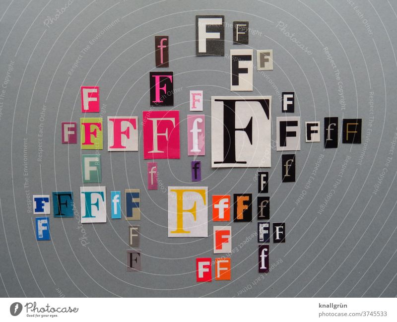 Ff Buchstaben Typographie Schriftzeichen Wort Text Printmedien ausgeschnitten anonym Collage mehrfarbig Symbole & Metaphern Zeichen Zeitschrift