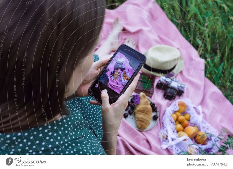 Frau beim Fotografieren eines Picknicks auf grünem Gras im Freien Mitteilung Smartphone Bild unter soziale Netzwerke Beitrag Lebensmittel Decke rosa Selfie
