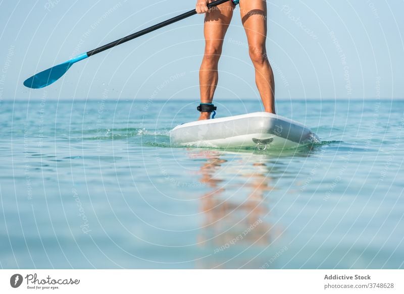 Frau auf Paddleboard im Meer Paddelbrett Reihe Surfer MEER Brandung Sommer Surfbrett üben Training stehen Zusatzplatine Wasser passen Holzplatte sonnig
