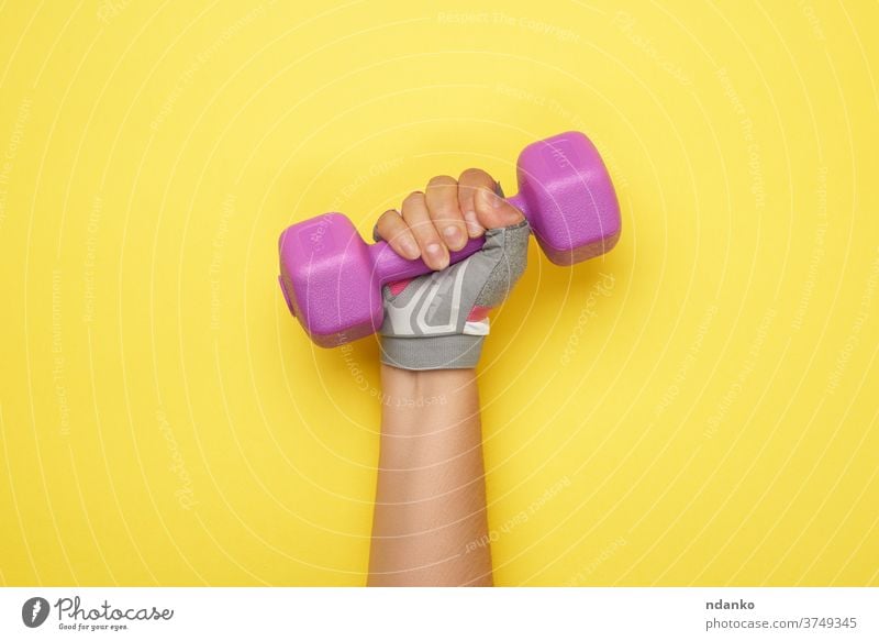 weibliche Hand in einem rosa Sporthandschuh hält eine violette, ein Kilogramm schwere Hantel Handschuh Kurzhantel Gerät Übung passen Fitness Ausrüstung
