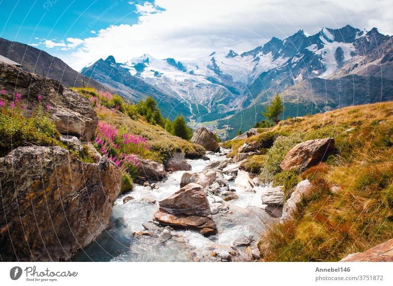 Wunderschöne Berglandschaft mit Bach bei den Alpen, Schweiz im Sommer bei blauem Himmel Landschaft Natur strömen Wasser Berge u. Gebirge Fluss grün im Freien