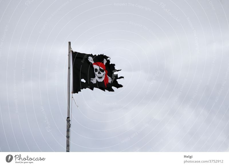 dynamisch | ausgefranste Piratenflagge flattert an einer Fahnenstange im stürmischen Wind vor dicken grauen Wolken Flagge Fahnenmast windig Himmel Regenwolken