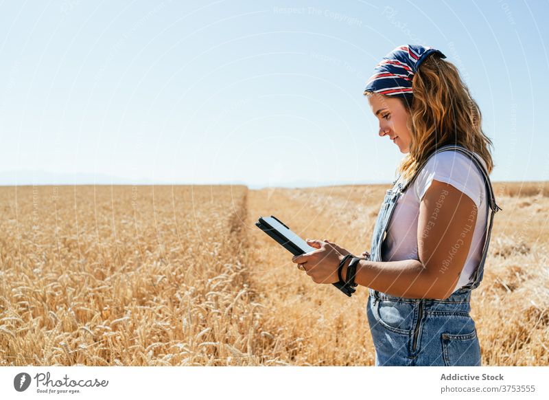 Lächelnde Frau mit Tablet im Feld Landwirt Weizen Tablette Browsen benutzend Ackerbau Landschaft ländlich Fokus Apparatur Gerät Sommer Natur Wiese Schonung