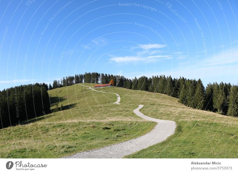 Wanderweg auf dem Blomberg, Bad Tölz, Oberbayern, Deutschland Landschaft Straße Gras Himmel Natur Feld Wiese grün ländlich Baum Sommer Bäume Weg Wald blau
