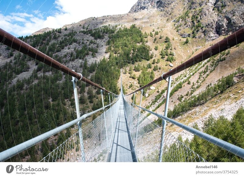 Hängebrücke Charles Kuonen in den Schweizer Alpen. Mit 494 Metern ist sie in der Sommerlandschaft die längste Hängebrücke der Welt. Natur Landschaft Brücke