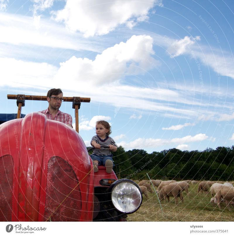 Traktor fahren Freude Glück Spielen Ferien & Urlaub & Reisen Ausflug Sommer Mensch Kleinkind Mädchen Vater Erwachsene Kindheit 2 1-3 Jahre 30-45 Jahre Wolken